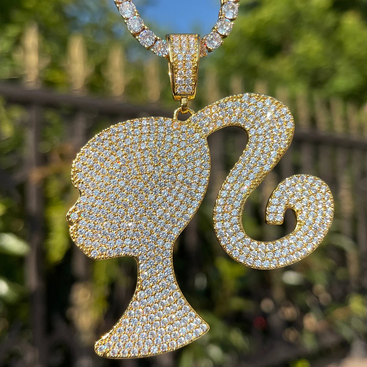Gold Plated Bubble Letter Iced Out Doll Head Pendant Necklace – Hip Hop, Women’s Fashion