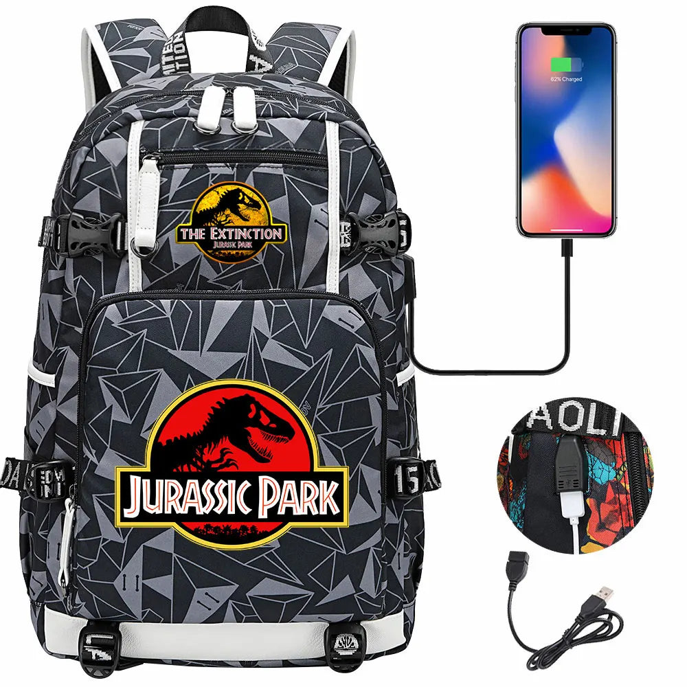 Jurassic World Dinosaur Backpack with USB Port – Large Capacity Laptop Bag for Men & Women