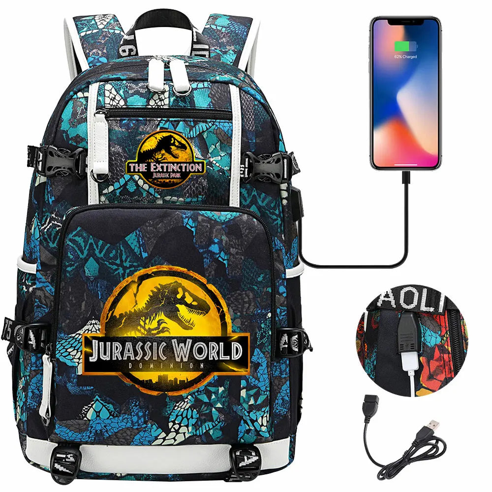 Jurassic World Dinosaur Backpack with USB Port – Large Capacity Laptop Bag for Men & Women