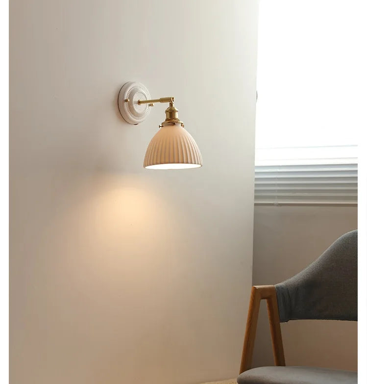 IWHD White Ceramic Nordic Wall Lamp – LED, Bedroom & Bathroom, Copper Accent, 4W–100W