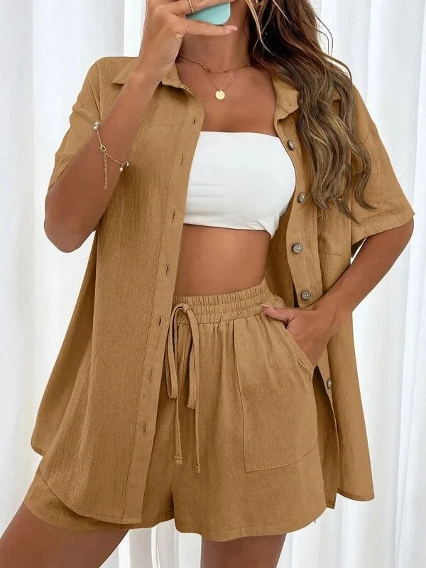Women’s Cotton Button Shirt & Shorts Pajama Set – Casual 2-Piece, 6 Colors, Sizes S–XL