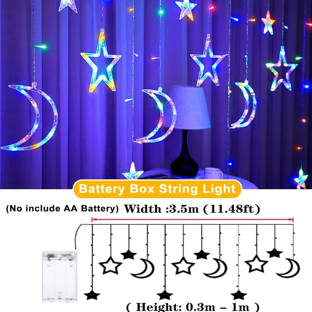 Star Moon Curtain String Lights – 3.5M, Battery Powered, Warm White & Multicolor, Room Decor