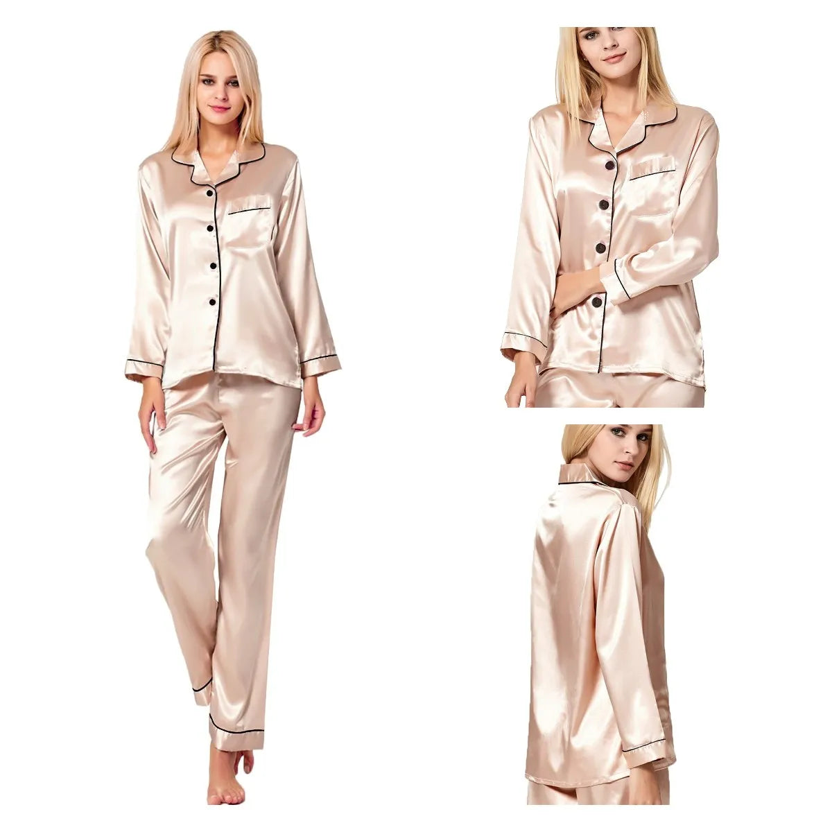 Women’s Silk Satin Button-Down Pajama Set – Long Sleeve, 6 Colors, Sizes S–XXL