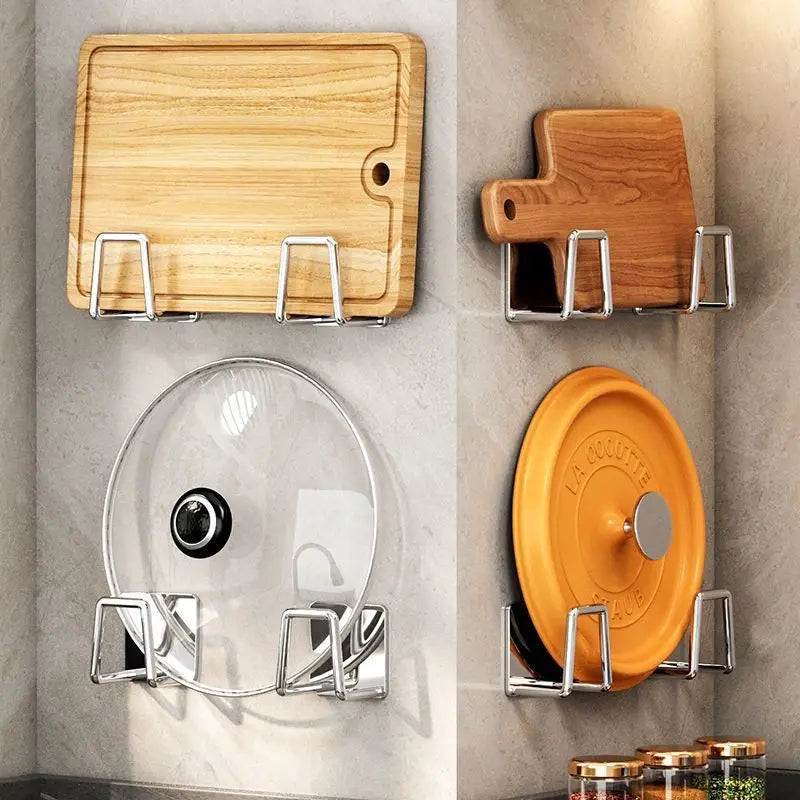 Stainless Steel Wall-Mounted Pot Cover & Cutting Board Rack – No-Drill, Cabinet Bottom Mount