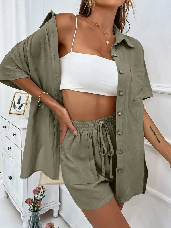 Women’s Cotton Button Shirt & Shorts Pajama Set – Casual 2-Piece, 6 Colors, Sizes S–XL