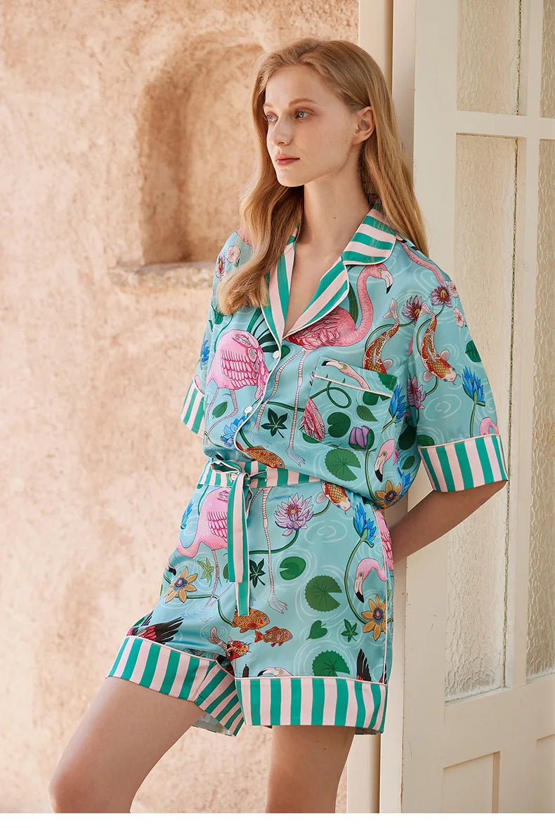 Women’s Ice Silk Short Sleeve Pajama Set – Casual Sleepwear, Sizes M–2XL