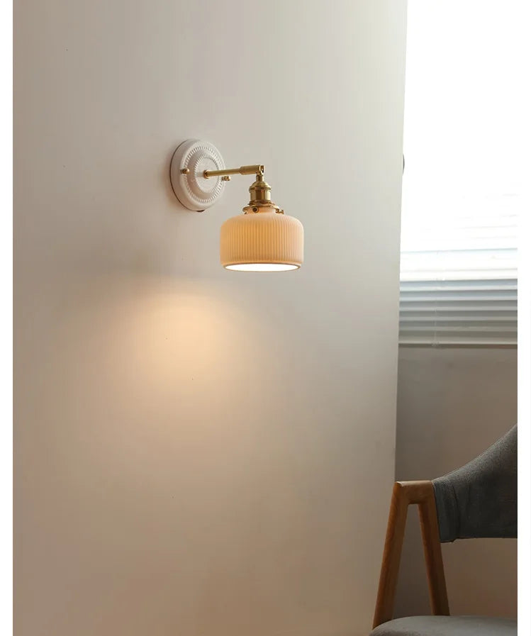 IWHD White Ceramic Nordic Wall Lamp – LED, Bedroom & Bathroom, Copper Accent, 4W–100W