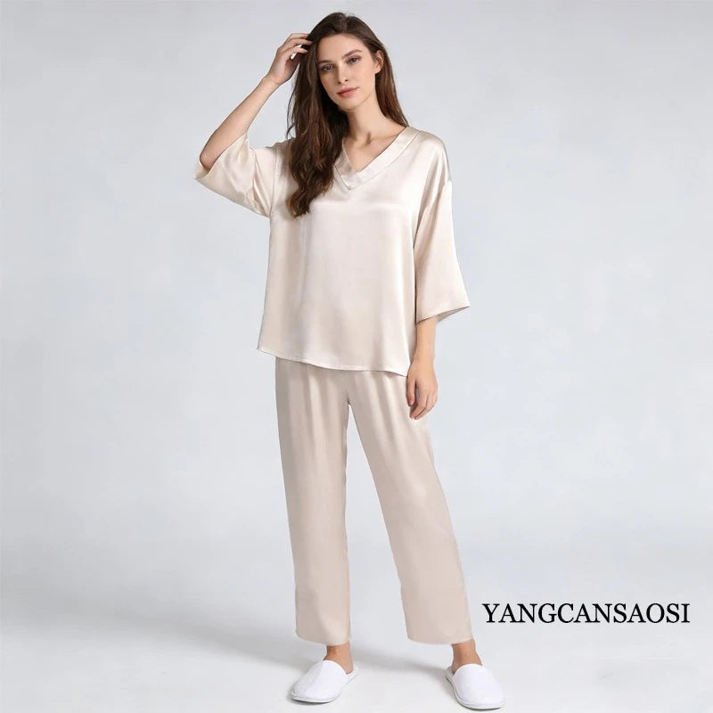 100% Mulberry Silk Satin Pajama Set – V-Neck, Three-Quarter Sleeve, 7 Colors, Sizes L–1XL