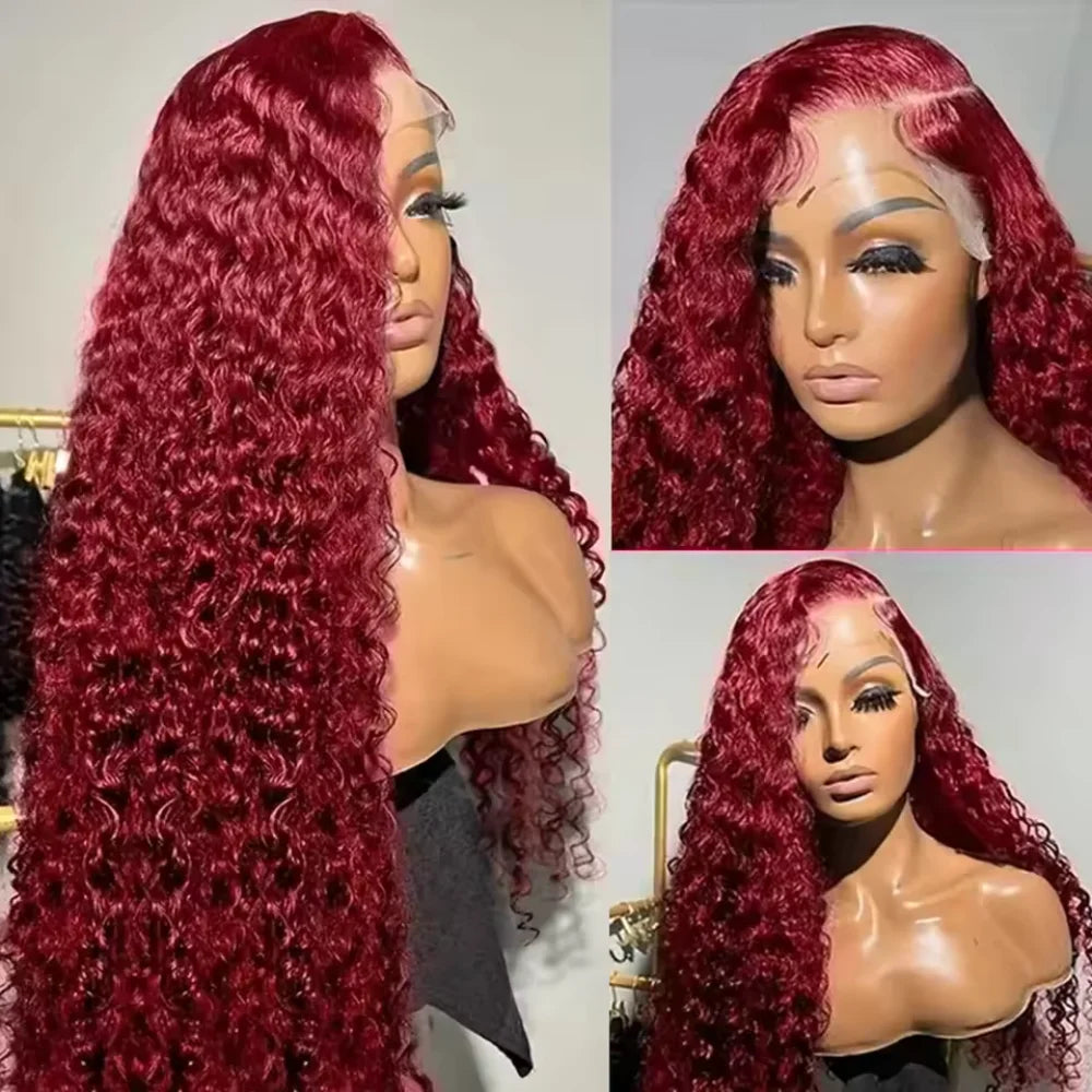 99J Burgundy Deep Wave 13x4 HD Lace Front Human Hair Wig – 16–34 Inch, Pre-Plucked
