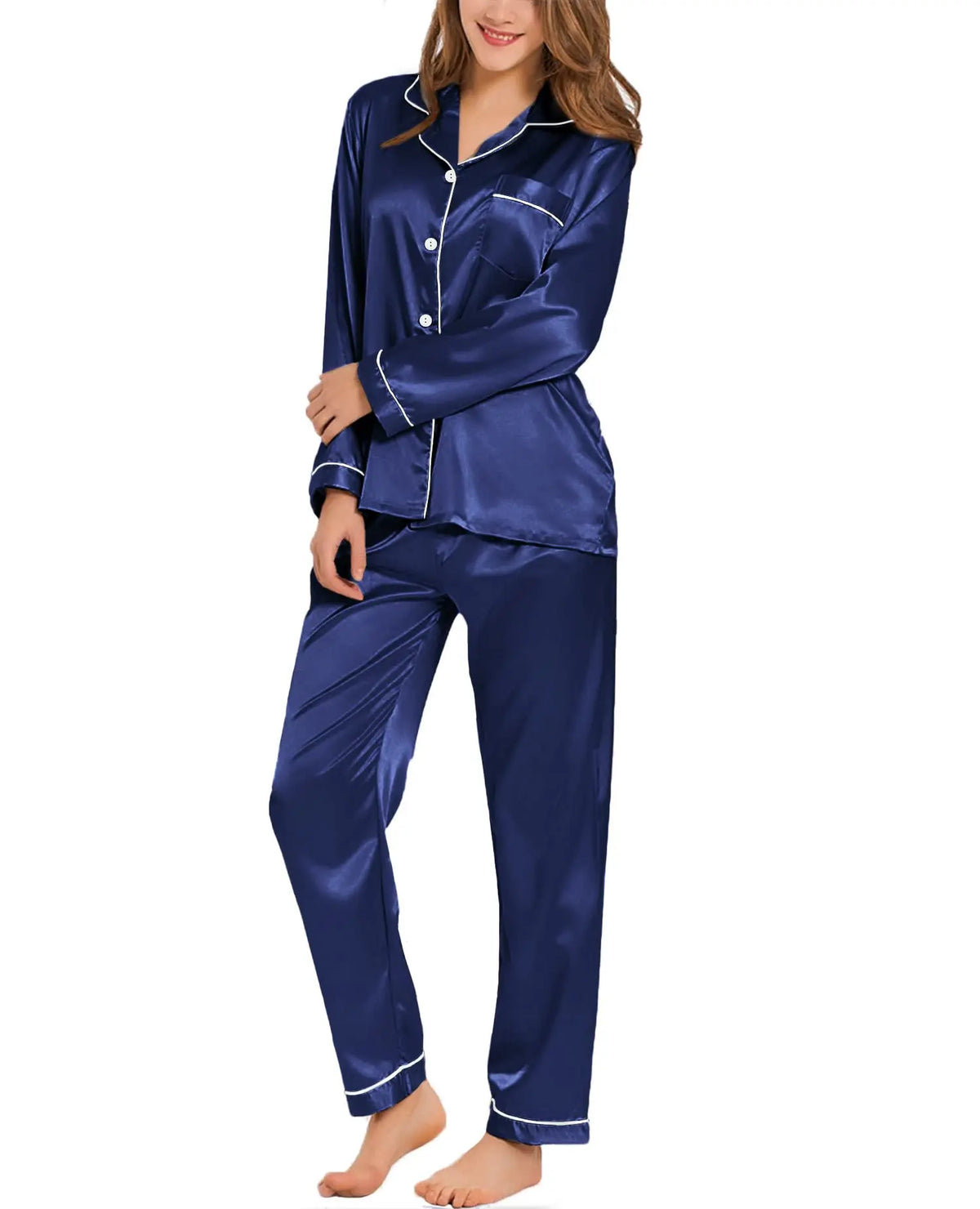 Women’s Silk Satin Button-Down Pajama Set – Long Sleeve, 6 Colors, Sizes S–XXL