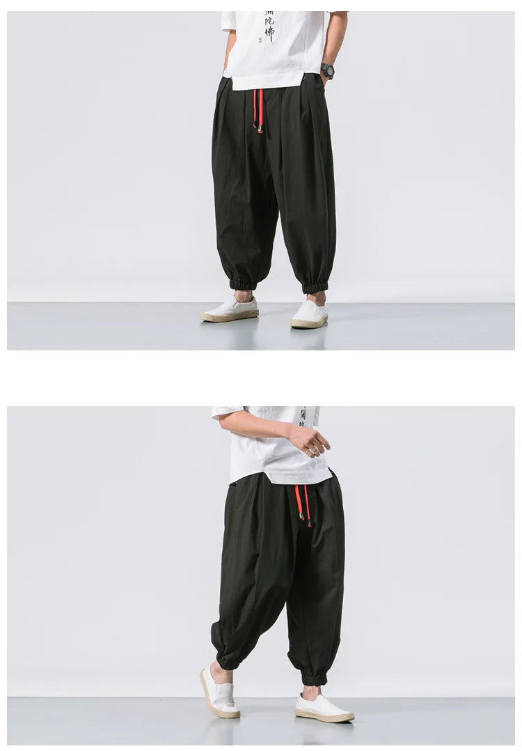 Men’s Oversized Cotton Linen Harem Jogger Pants – Chinese Style, Casual Trousers