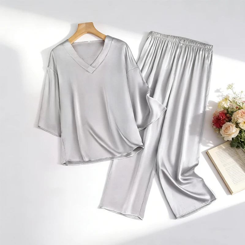 100% Mulberry Silk Satin Pajama Set – V-Neck, Three-Quarter Sleeve, 7 Colors, Sizes L–1XL