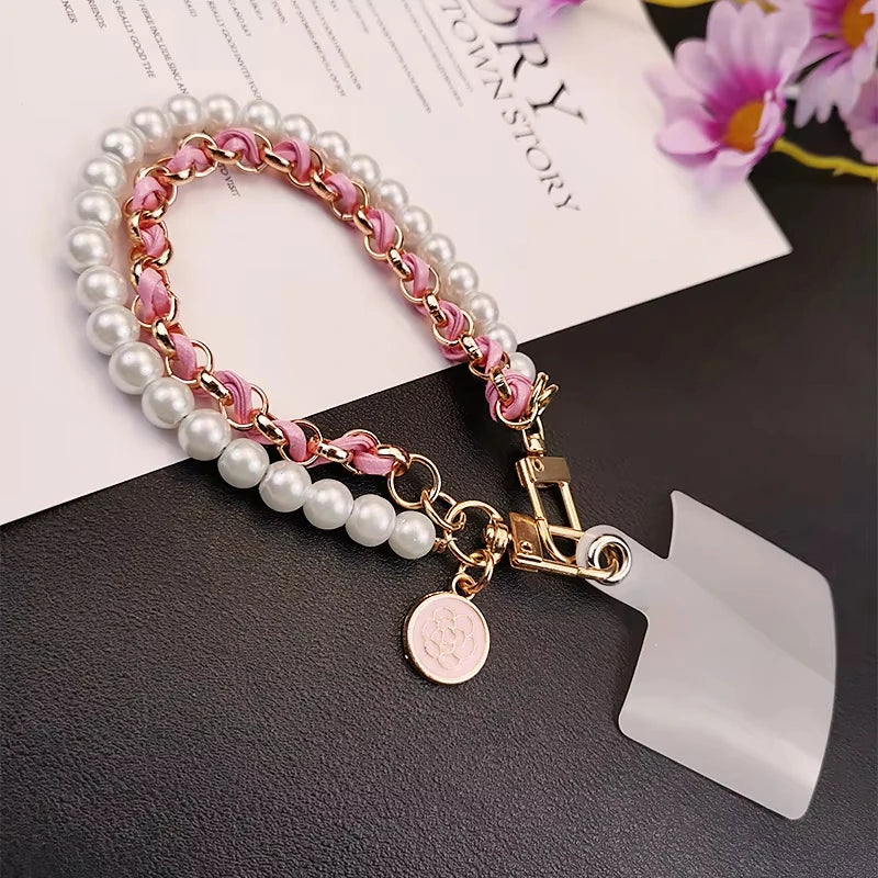 Leather Pearl Camellia Phone Lanyard – Anti-Loss Wrist Strap – White, Pink, Black