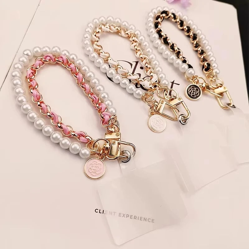 Leather Pearl Camellia Phone Lanyard – Anti-Loss Wrist Strap – White, Pink, Black