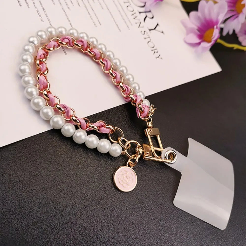 Leather Pearl Camellia Phone Charm Bracelet – Anti-Loss Wrist Strap, 26cm – White, Pink, Black