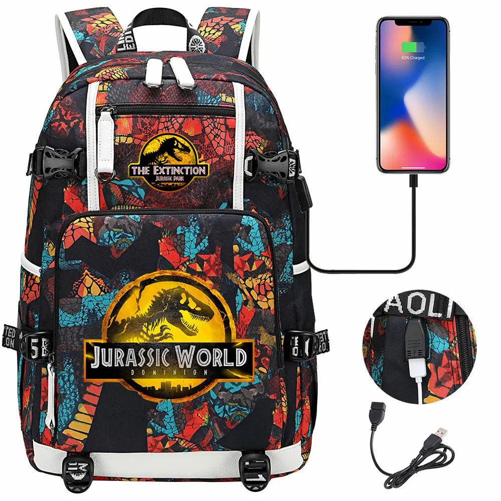 Jurassic World Dinosaur Backpack with USB Port – Large Capacity Laptop Bag for Men & Women
