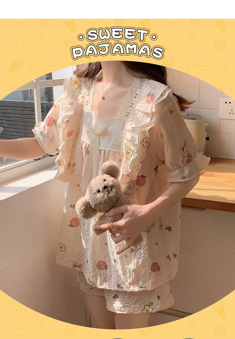 Women’s Kawaii Floral Print Short Sleeve Pajama Set – 2-Piece, Sizes M–XXL