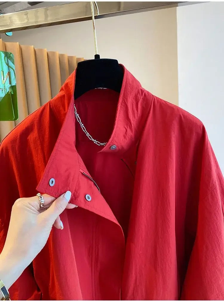 Women’s Red Stand Collar Zip-Up Jacket – Casual Loose Fit, Drawstring Cuffs, Autumn & Spring