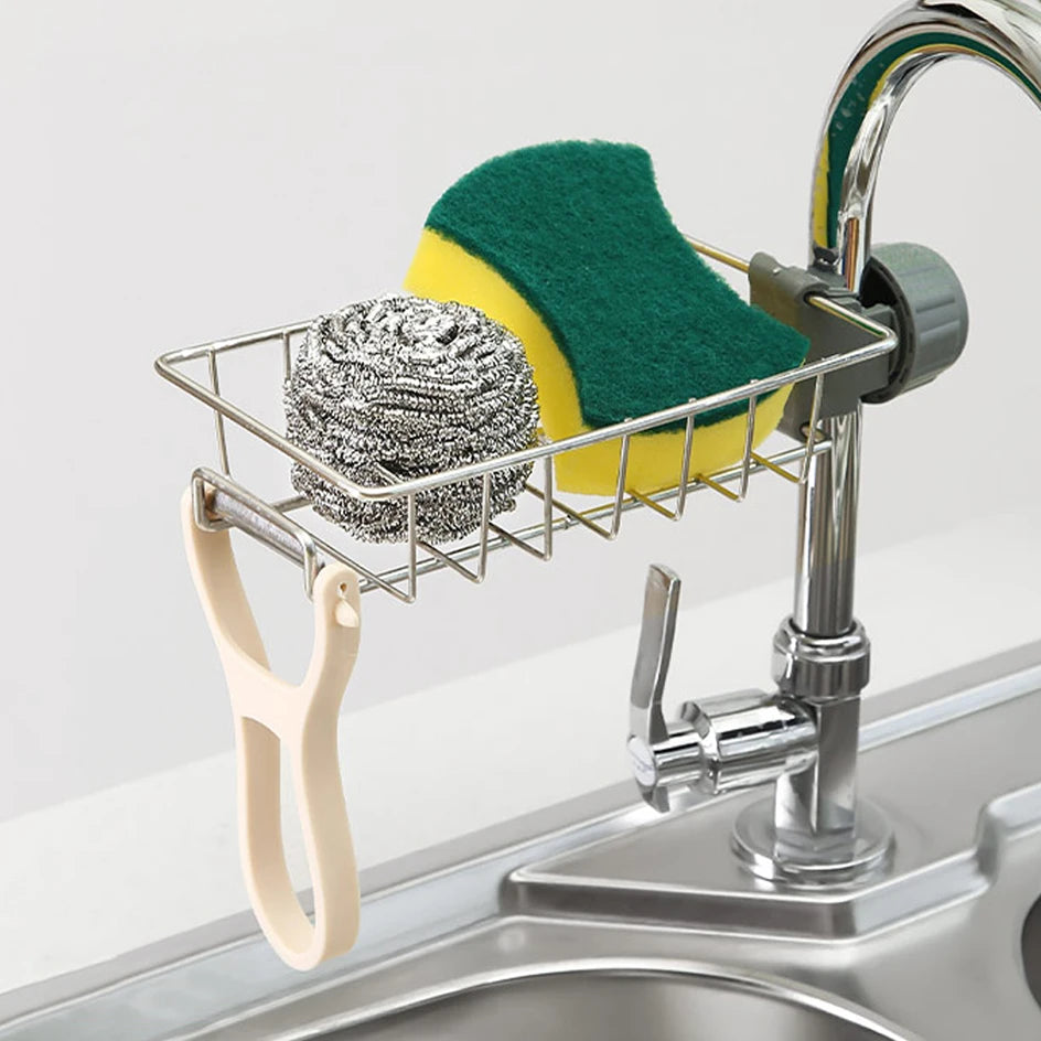 Kitchen Sink Sponge & Soap Drain Rack Organizer – Flexible Faucet Holder, Towel Shelf