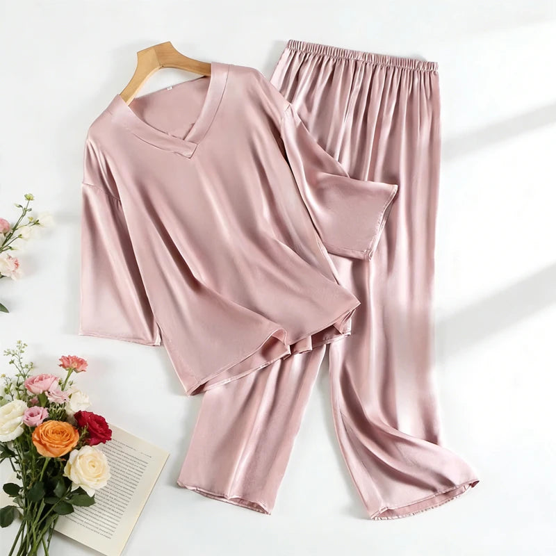 100% Mulberry Silk Satin Pajama Set – V-Neck, Three-Quarter Sleeve, 7 Colors, Sizes L–1XL
