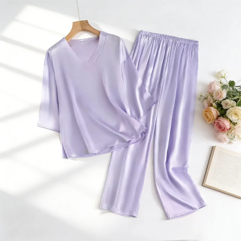 100% Mulberry Silk Satin Pajama Set – V-Neck, Three-Quarter Sleeve, 7 Colors, Sizes L–1XL