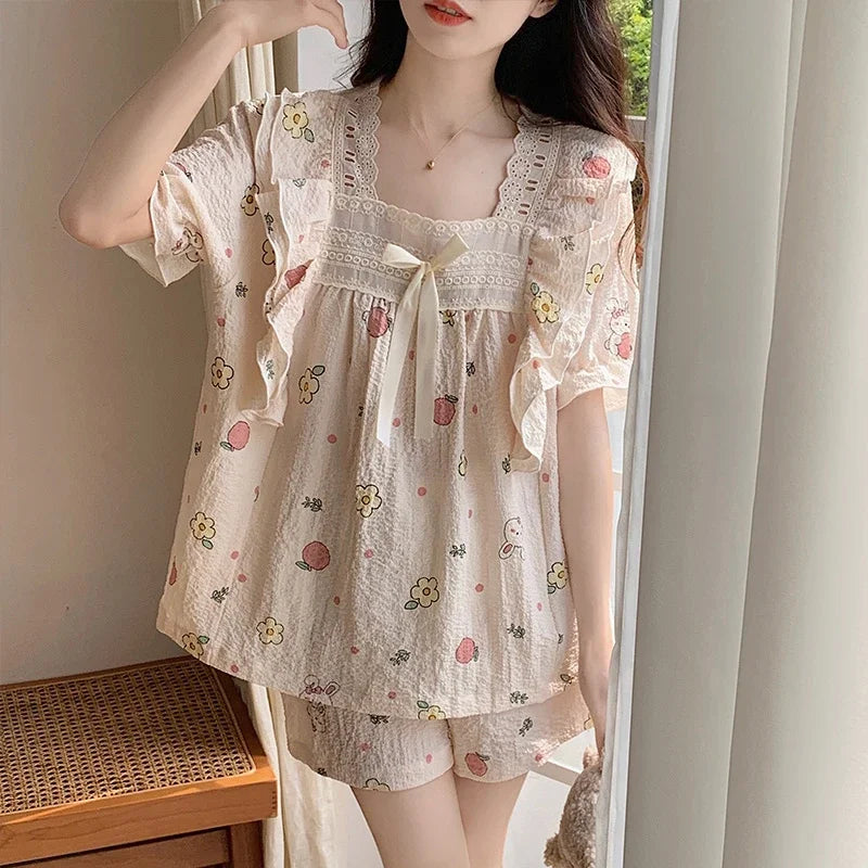 Women’s Kawaii Floral Print Short Sleeve Pajama Set – 2-Piece, Sizes M–XXL