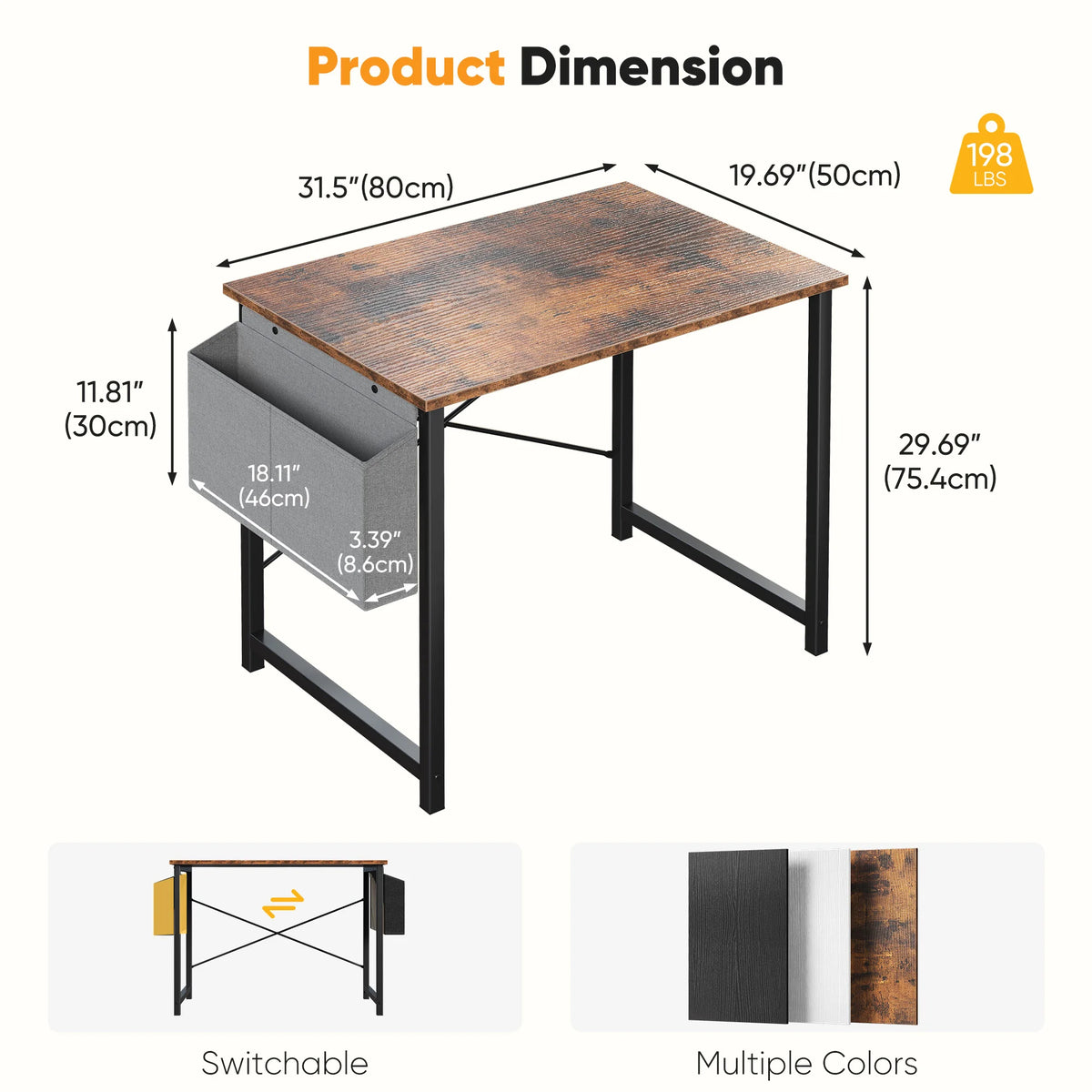 Computer Gaming Desk with Storage Bag – Metal Frame, Wood Tabletop, 31–55 Inch – Black, Rust, White