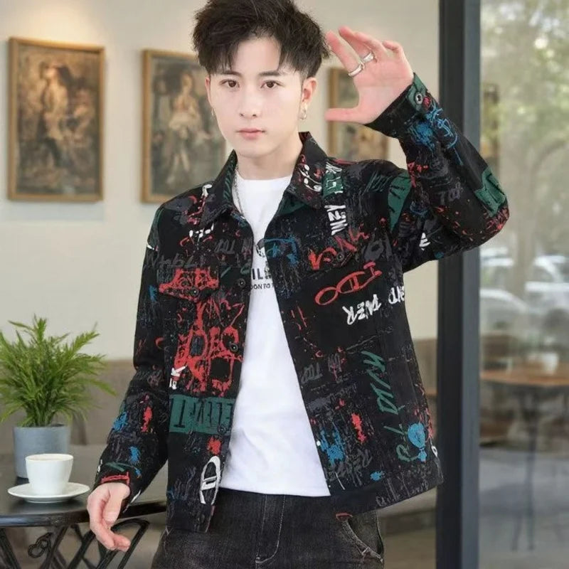 Men’s Vintage Print Denim Jacket – Loose Casual Long Sleeve Outerwear, Sizes M–XXXL