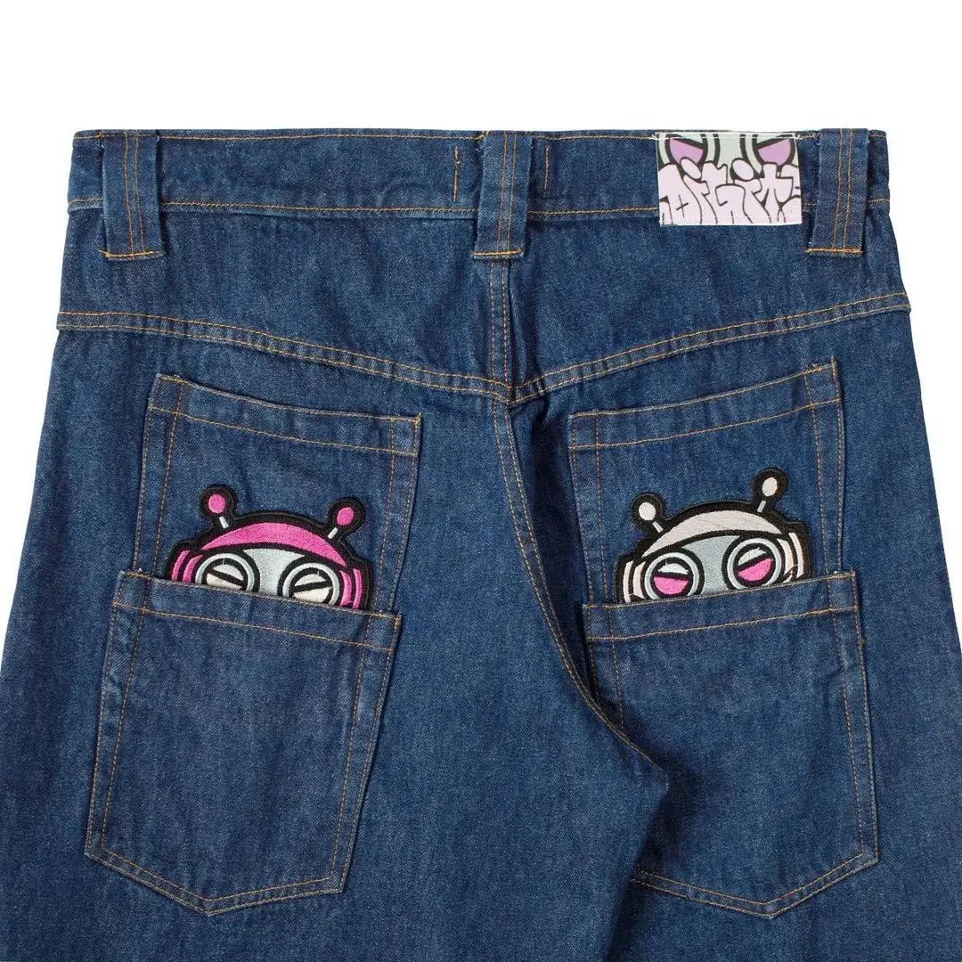 Women’s Retro Embroidered Ripped High-Waist Straight Jeans – Stretch Denim, Hip-Hop Style