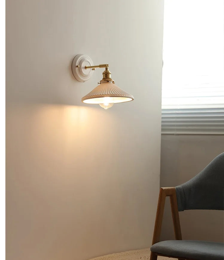 IWHD White Ceramic Nordic Wall Lamp – LED, Bedroom & Bathroom, Copper Accent, 4W–100W