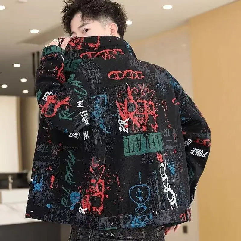 Men’s Vintage Print Denim Jacket – Loose Casual Long Sleeve Outerwear, Sizes M–XXXL