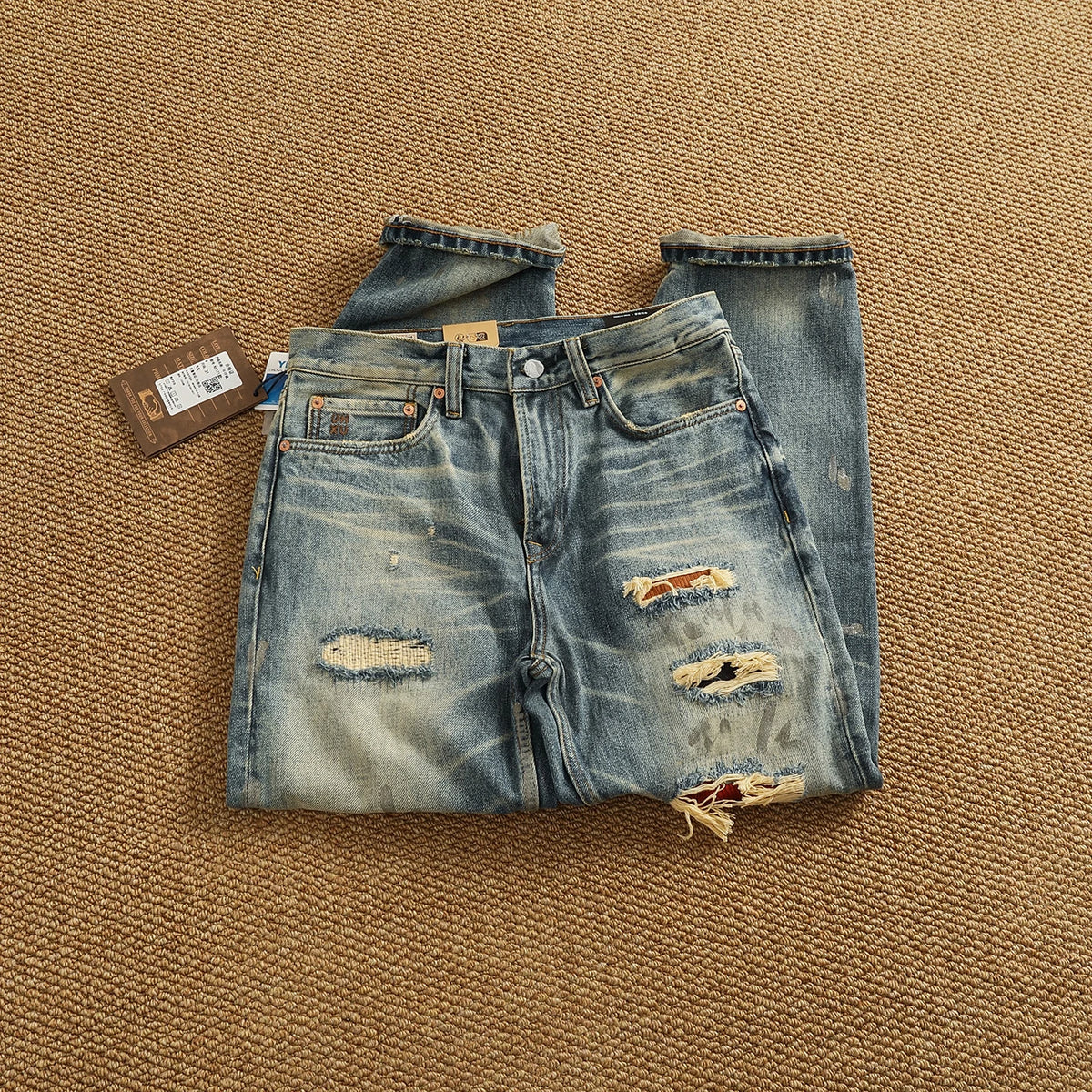 Men’s Retro Heavyweight Straight Tapered Jeans – 100% Cotton, Washed Denim, Sizes 29–38