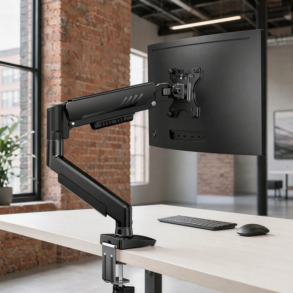 Single Monitor Arm – Gas Spring, 13–34 Inch, VESA 75/100mm, C-Clamp & Grommet, 4.4–19lbs