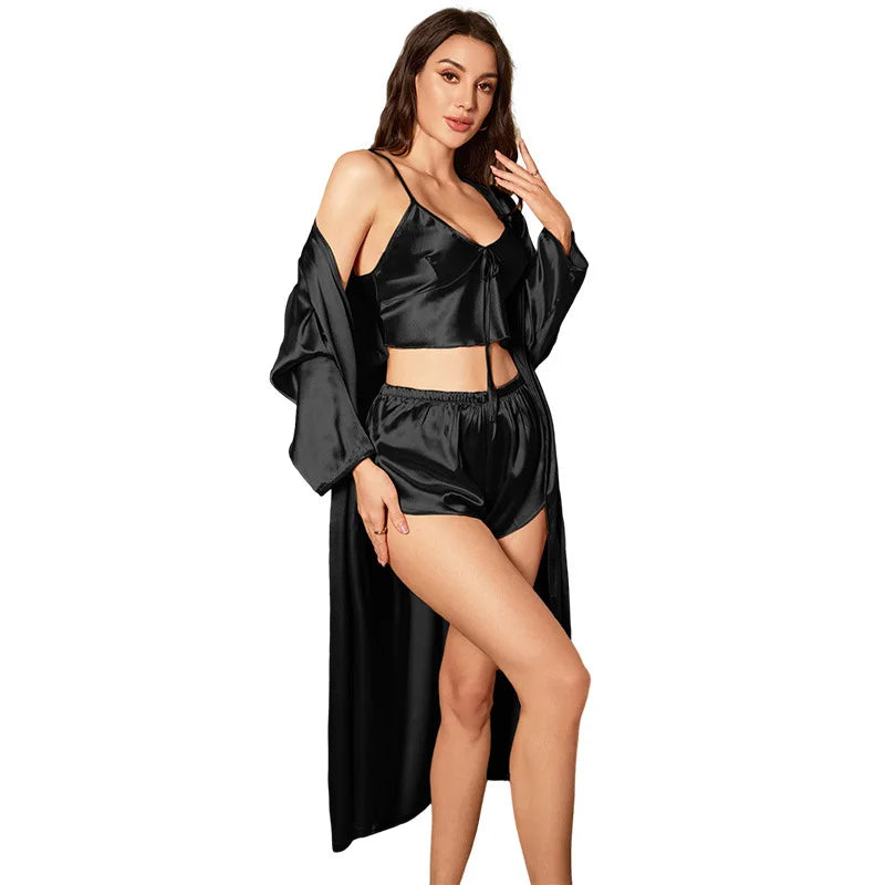Women’s 3-Piece Satin Robe & Nightgown Set – Sling Dress & Short Robe, Sizes S–XL