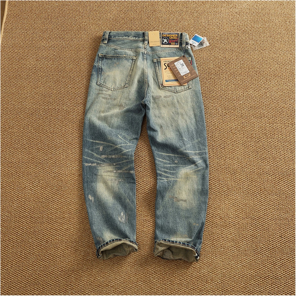 Men’s Retro Heavyweight Straight Tapered Jeans – 100% Cotton, Washed Denim, Sizes 29–38