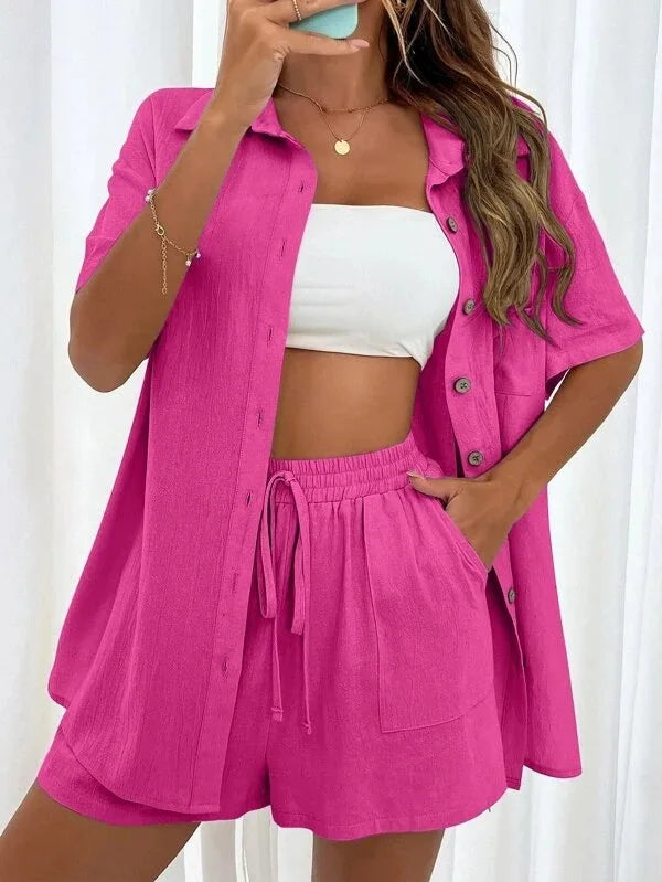 Women’s Cotton Button Shirt & Shorts Pajama Set – Casual 2-Piece, 6 Colors, Sizes S–XL