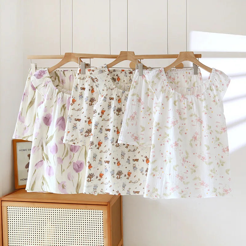 Women’s 100% Cotton Crepe Vest & Shorts Pajama Set – Loose Fit, Sizes M–XL