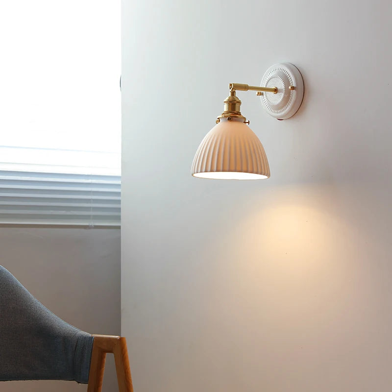 IWHD White Ceramic Nordic Wall Lamp – LED, Bedroom & Bathroom, Copper Accent, 4W–100W
