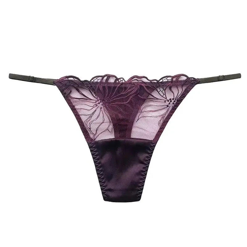 BirdTree 93% Silk Lace Embroidery G-String Thong – Transparent, 6 Colors