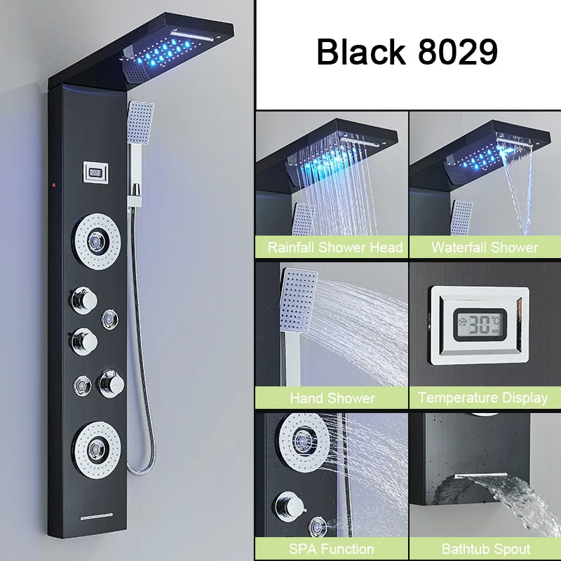 Luxury LED Waterfall Shower Panel System | Rain, Massage Jets & Hand Shower