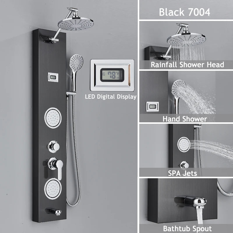 Luxury LED Waterfall Shower Panel System | Rain, Massage Jets & Hand Shower
