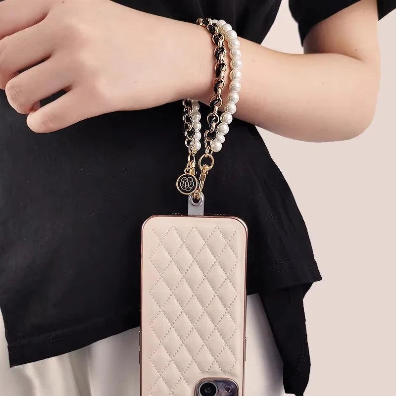 Leather Pearl Camellia Phone Lanyard – Anti-Loss Wrist Strap – White, Pink, Black