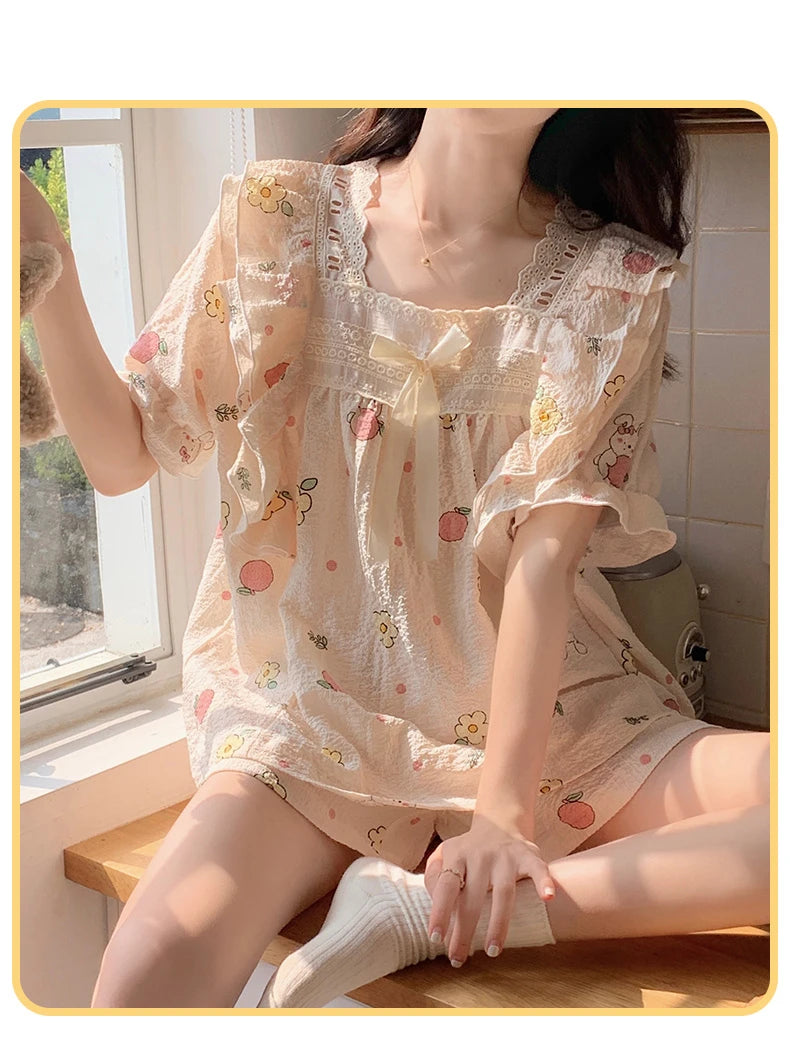 Women’s Kawaii Floral Print Short Sleeve Pajama Set – 2-Piece, Sizes M–XXL