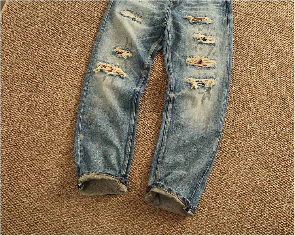 Men’s Retro Heavyweight Straight Tapered Jeans – 100% Cotton, Washed Denim, Sizes 29–38