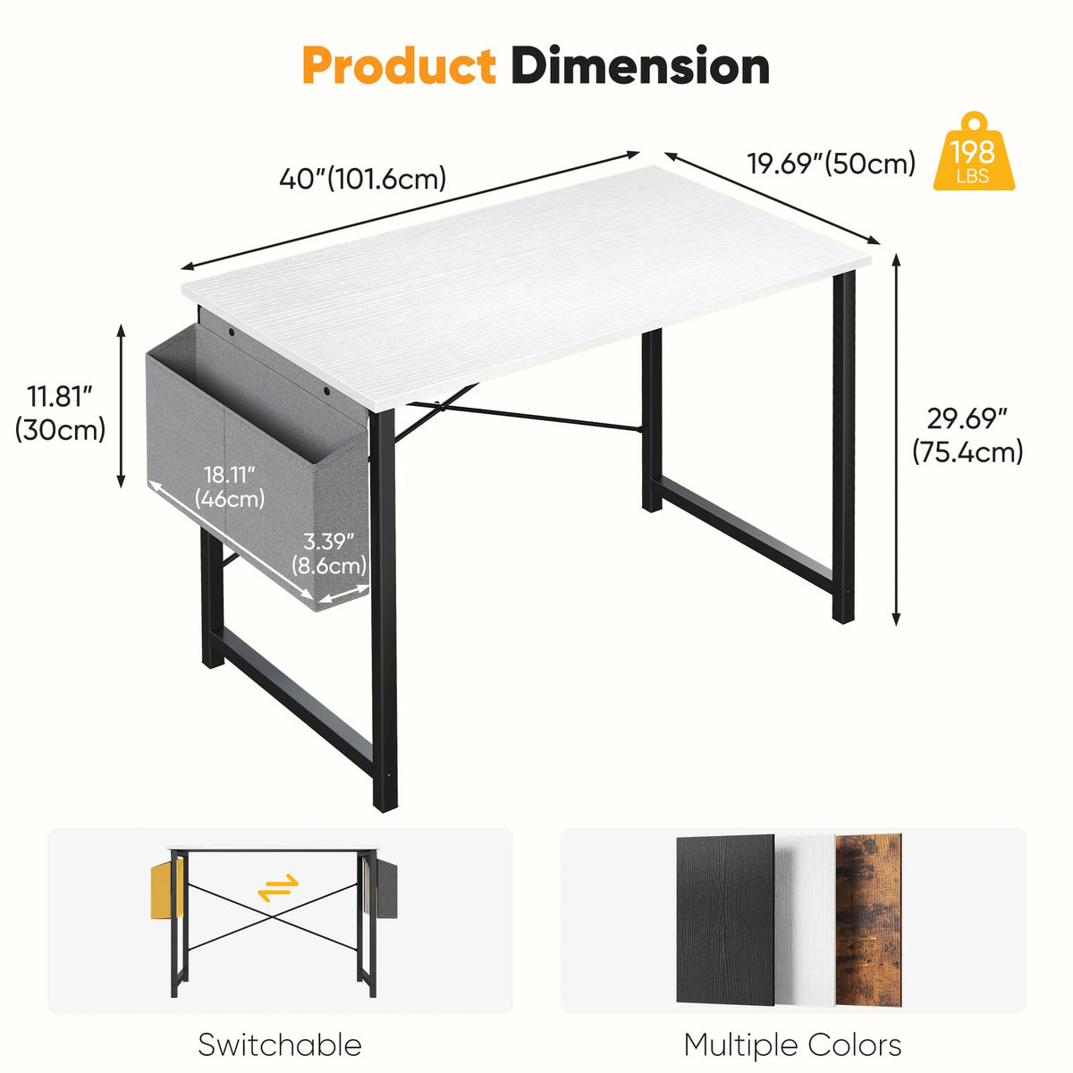 Computer Gaming Desk with Storage Bag – Metal Frame, Wood Tabletop, 31–55 Inch – Black, Rust, White