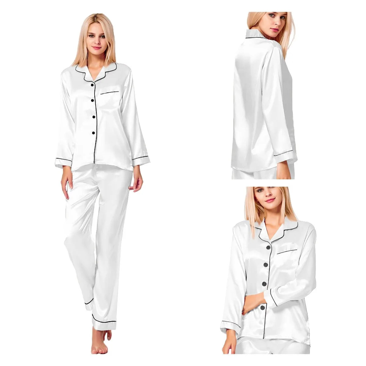 Women’s Silk Satin Button-Down Pajama Set – Long Sleeve, 6 Colors, Sizes S–XXL