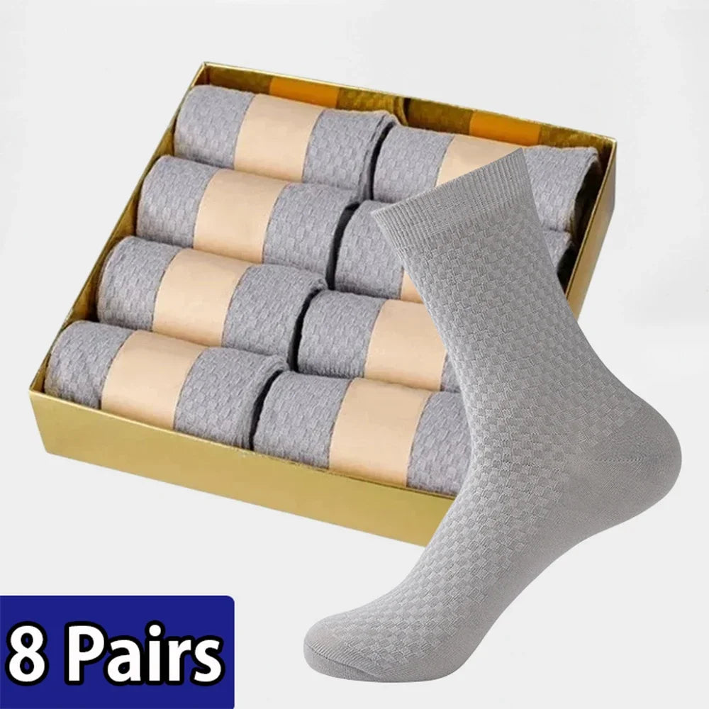 Men’s Bamboo Fiber Mid-Tube Socks – 8-Pack, Anti-Odor, Business & Sport, Black/Gray/Navy