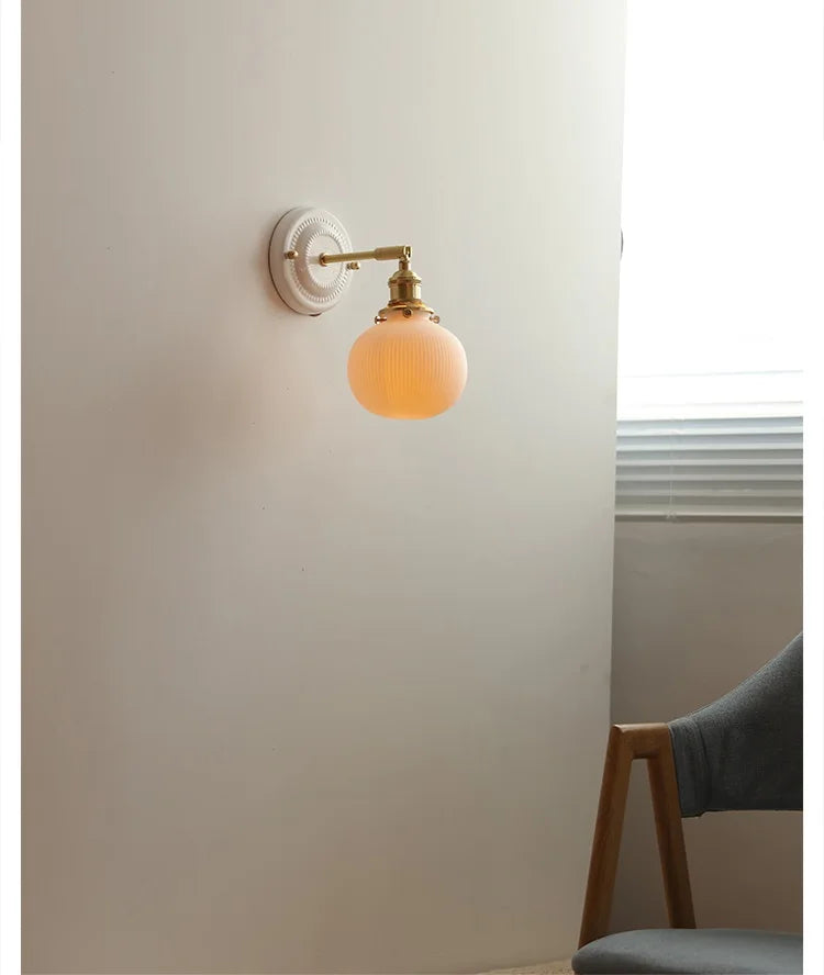 IWHD White Ceramic Nordic Wall Lamp – LED, Bedroom & Bathroom, Copper Accent, 4W–100W