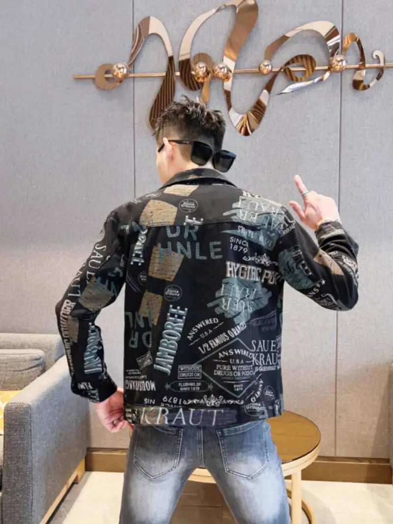 Men’s Slim-Fit Print Jacket – Trendy Outerwear, Sizes M–XXXL, Black