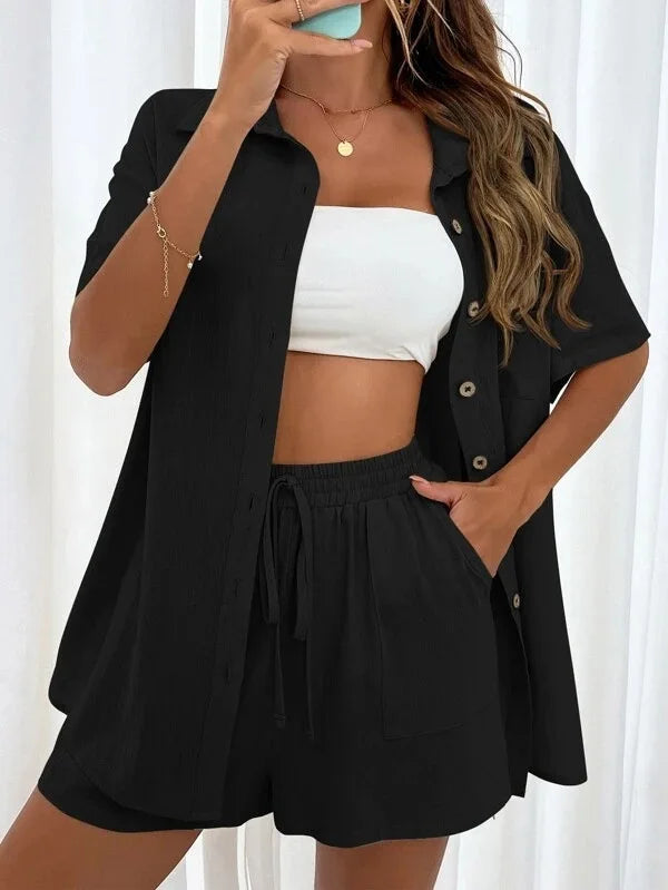 Women’s Cotton Button Shirt & Shorts Pajama Set – Casual 2-Piece, 6 Colors, Sizes S–XL